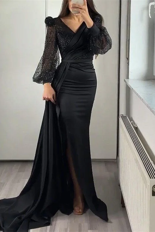 ball gown party dressesSequins V-Neck Long Sleeves Mermaid Split Evening Dress With Ruffle Y5554