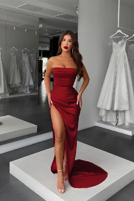 asymmetrical party dressesSexy Burgundy Strapless Evening Dress High Split Y5315