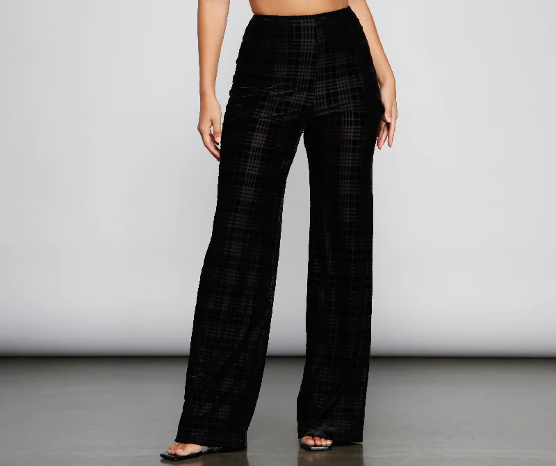 women's hot pantsVelvet Plaid Burnout Flared Pants