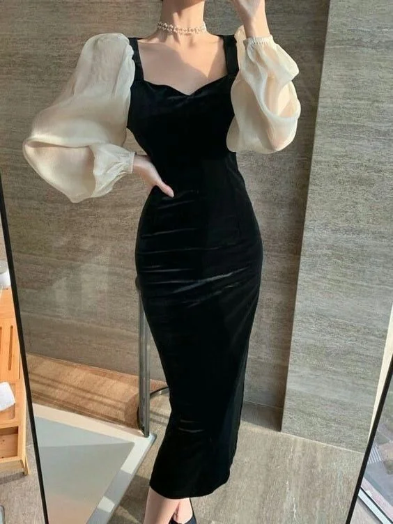 animal print party dressesWinter V-Neck Elegant Black Stitching Velvet Dress Female Retro High Waist Puff Sleeves Evening Dress Y5673