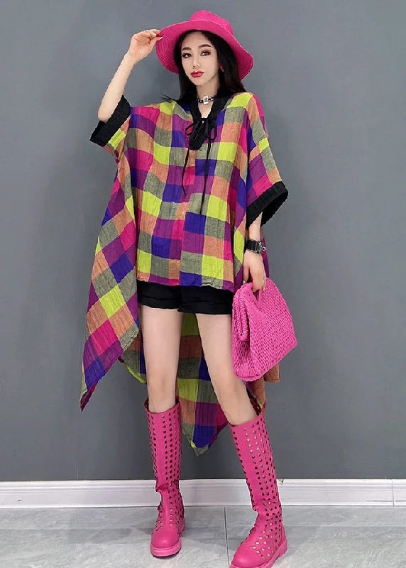 Fashionable Long Sleeves A-Line DressBeautiful V Neck Asymmetrical Low High Design Plaid Dress Long Sleeve