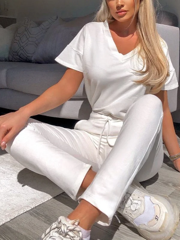 women's bootcut pantsSimple Casual V Neck Top Pants Set