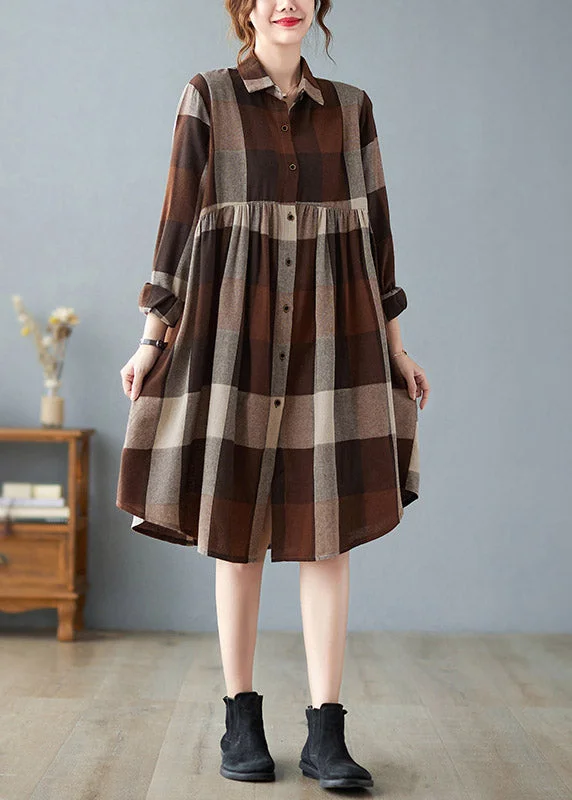 Fancy Lace Long Sleeves DressFashion Peter Pan Collar Button Wrinkled Long Plaid Shirts Dress Long Sleeve