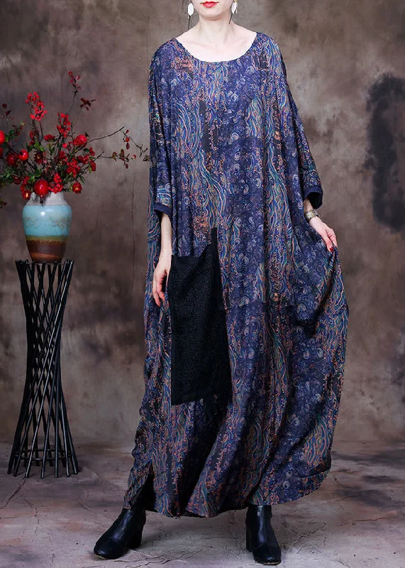 Fabulous Long Sleeves Tiered DressPlus Size Blue O-Neck Print Big Pocket Silk Ankle Dress Long Sleeve