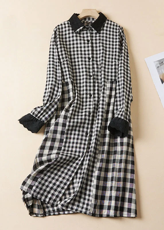 Fashionable Long Sleeves Off-the-Shoulder DressFrench Plaid Peter Pan Collar Button Linen Shirts Dress Long Sleeve