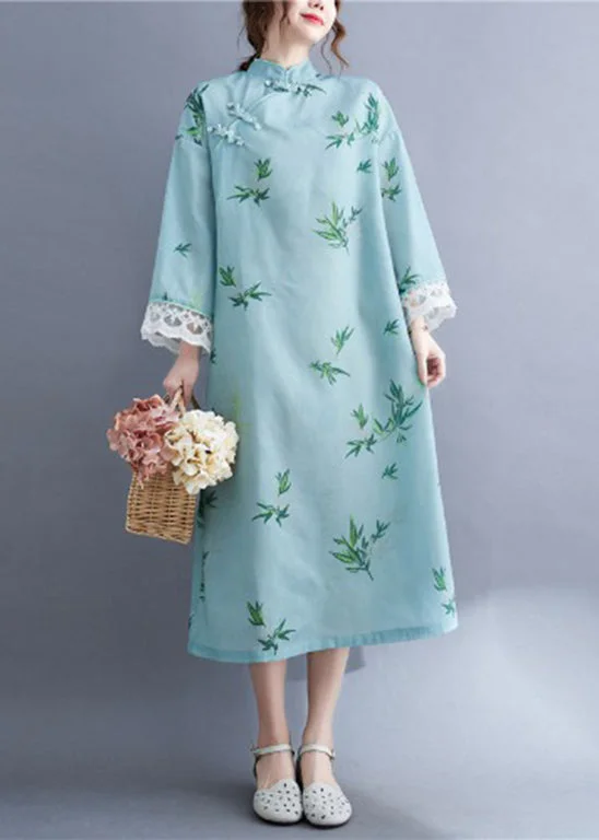 Fuzzy Long Sleeves Mother of the Bride DressFitted Light Green Mandarin Collar Print Lace Patchwork Cheongsam Dresses Long Sleeve