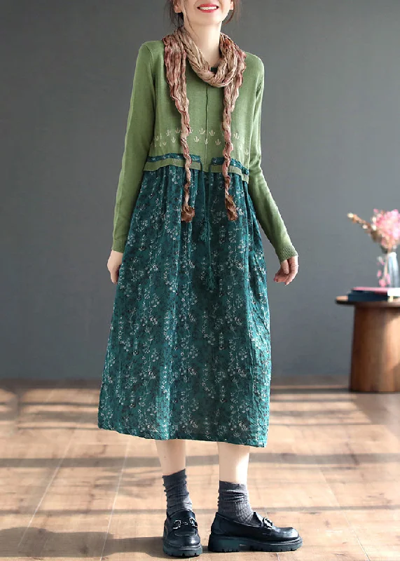 Fitted Lace Long Sleeves DressGreen Lace Up Patchwork Knitting Dress O Neck Long Sleeve