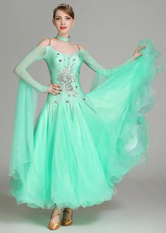 Fancy Crepe Long Sleeves DressFitted Light Green Zircon Tulle Patchwork Dance Dress Long Sleeve