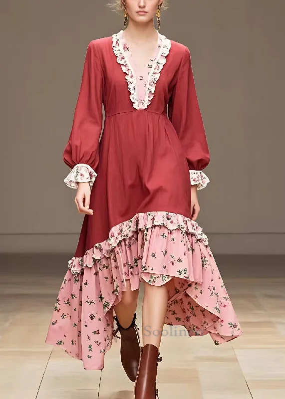 Flowing Maxi Long Sleeves DressItalian Red V Neck Ruffled Cotton Dresses Long Sleeve