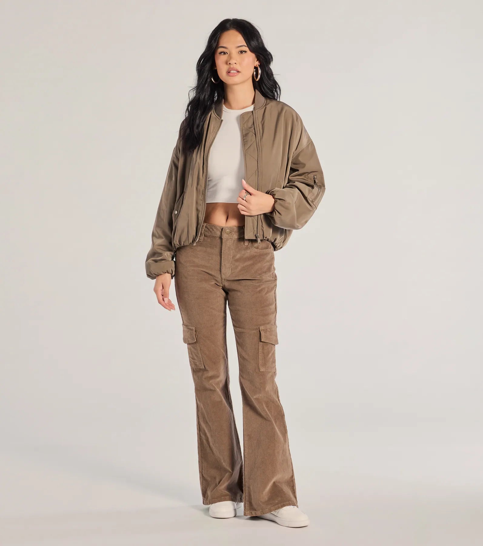 women's zipper pantsEffortless And Cool Corduroy Cargo Flare Pants