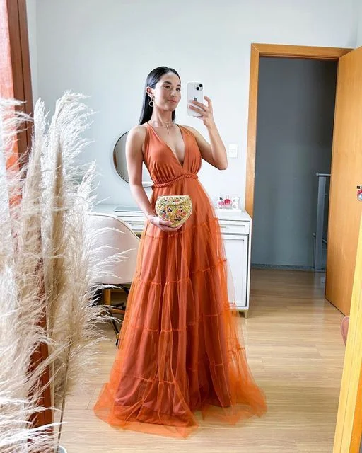 high-low party dressesA Line Orange Formal Evening Dress,Prom Party Long Gown Y5111