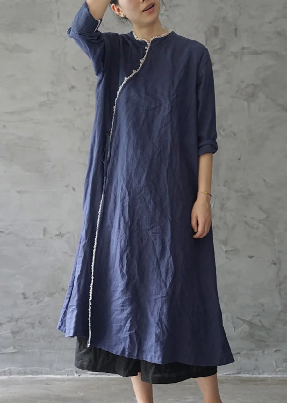 Flexible Long Sleeves Tunic DressRetro Tibetan blue Lace Patchwork Linen Dresses Long Sleeve