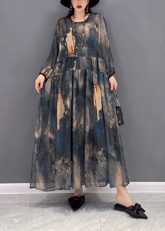 Flowery Patterned Long Sleeves Dress2024 O-Neck Print Tulle Patchwork Wrinkled Chiffon Dresses Long Sleeve