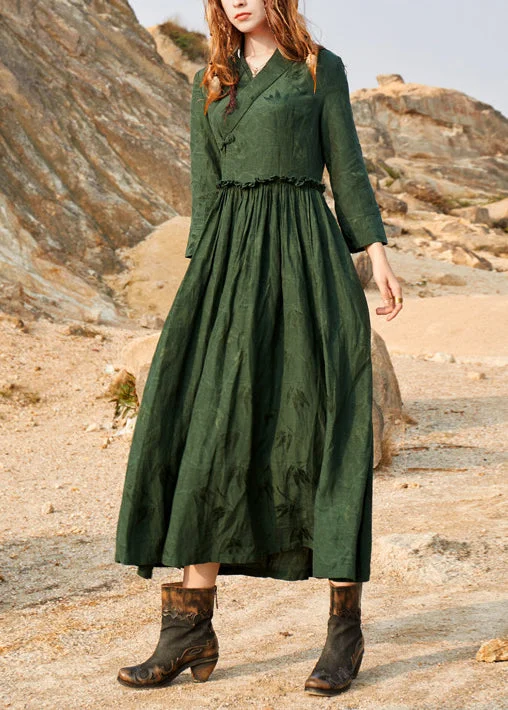 Flowing Tulle Long Sleeves Dress2024 Green Cinched V Neck Ruffled Silk Holiday Dress Long Sleeve