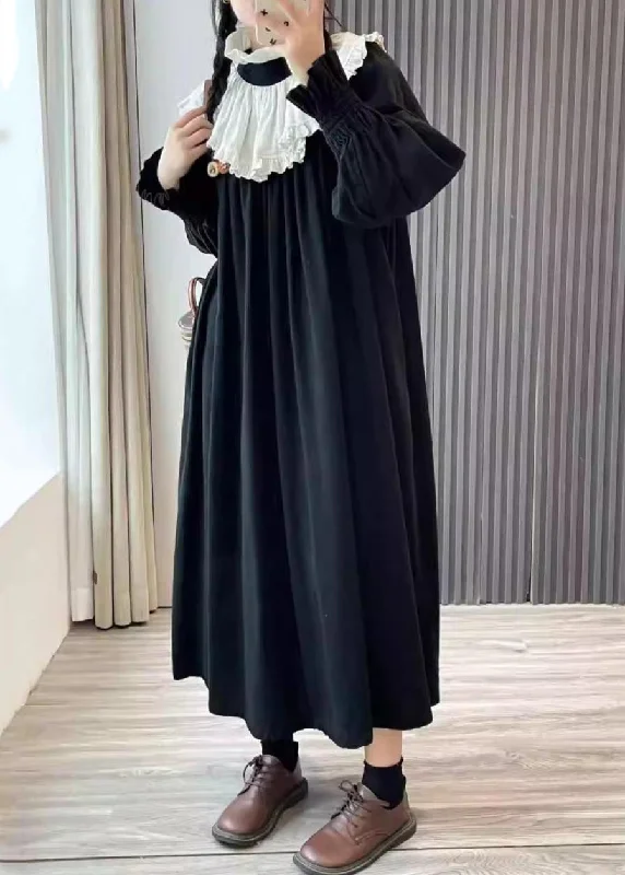 Flowy Long Sleeves DressLoose Black Wrinkled Pockets Cotton Dress Long Sleeve