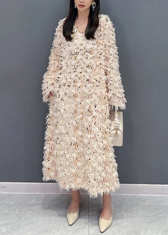 Feminine Long Sleeves DressFrench Beige Sequins Patchwork Fuzzy Fur Fluffy Dresses Long Sleeve