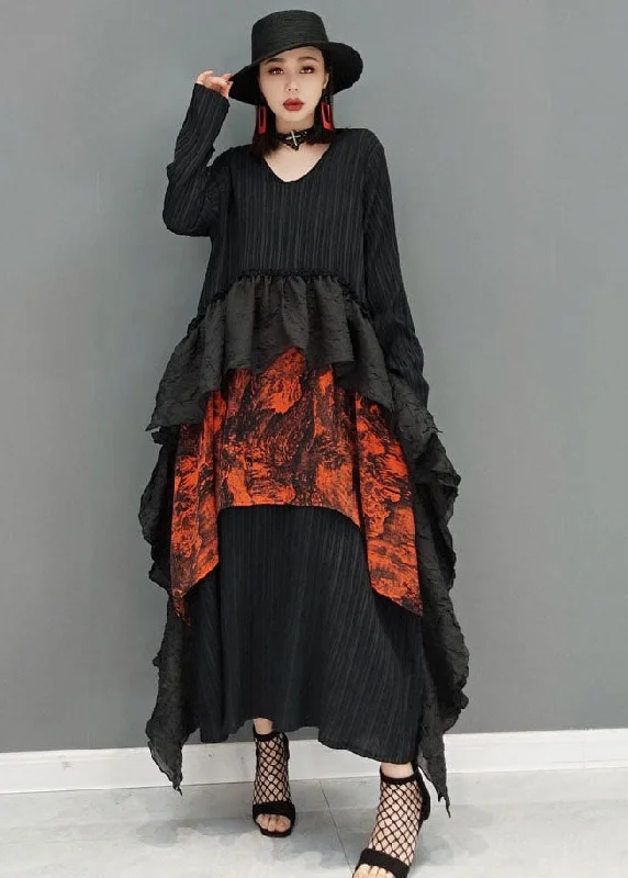 Fabulous Long Sleeves Party DressArt Black V Neck Asymmetrical Patchwork Ruffles Dresses Long Sleeve