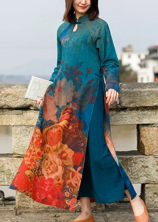 Flowery Long Sleeves Tea DressChinese Style Mandarin Collar side open Floral print Dresses Long Sleeve