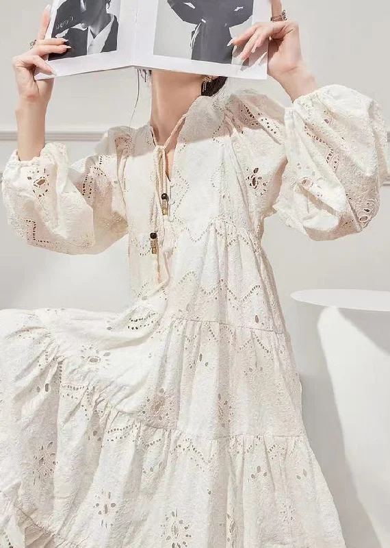 Fancy Long Sleeves Ball GownNew White Lace Up Hollow Out Cotton Dress Long Sleeve