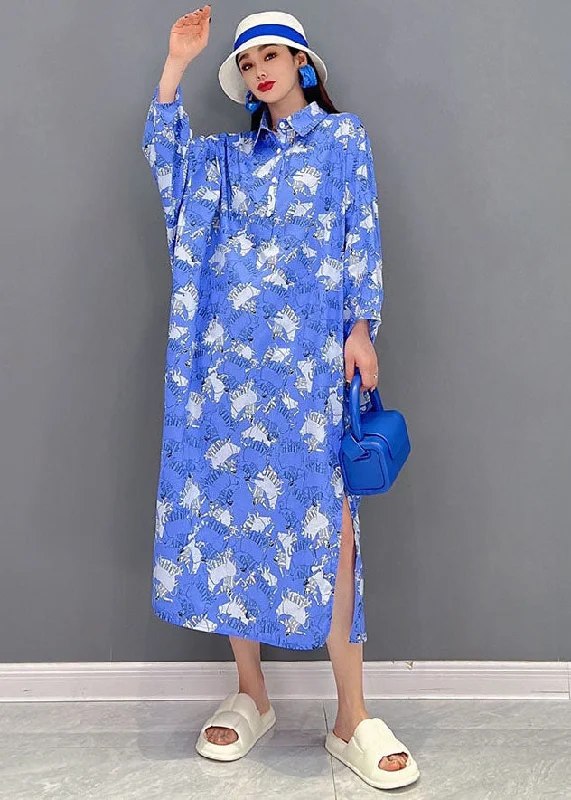 Fashionable Long Sleeves Off-the-Shoulder DressItalian Blue Peter Pan Collar Print Cotton Loose Shirt Dress Long Sleeve