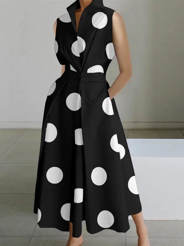 Fitted Long Sleeves Dress2024 Black-big dots Peter Pan Collar Pockets Cotton Dress Long Sleeve