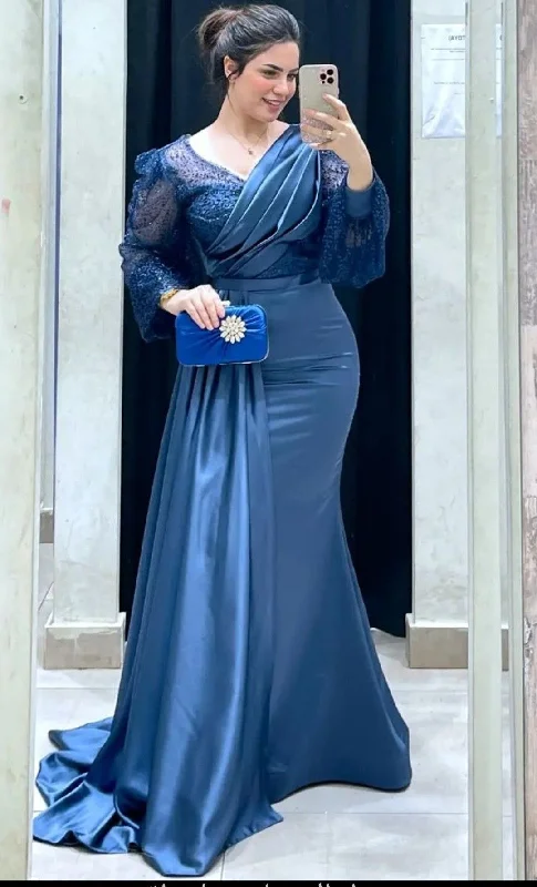 short party dressesElegant Mermaid Evening Dress for Women V Neck Long Sleeve Sweep Train Side Slit Pleated Wedding Party Formal Dress Y4957