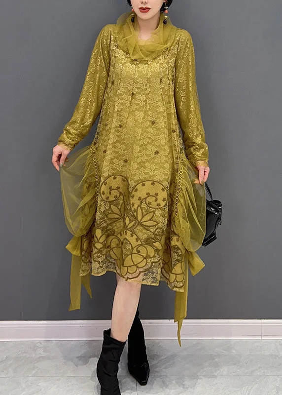 Formal Long Sleeves Cocktail GownChic Yellow Turtleneck Embroideried Tulle Holiday Dress Long Sleeve