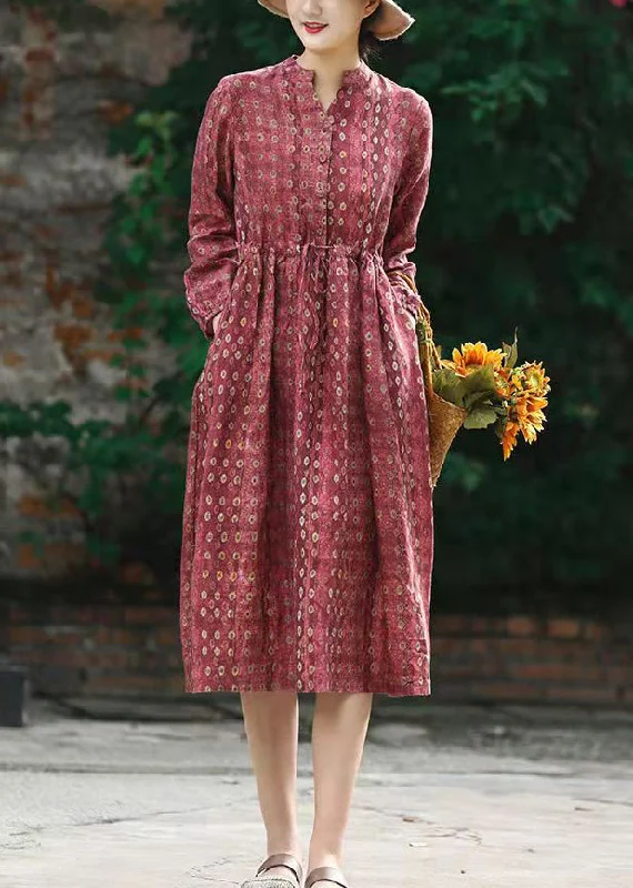 Flowing Long Sleeves Ruffle DressBeautiful Red Stand Collar drawstring Print Linen Dress Long Sleeve