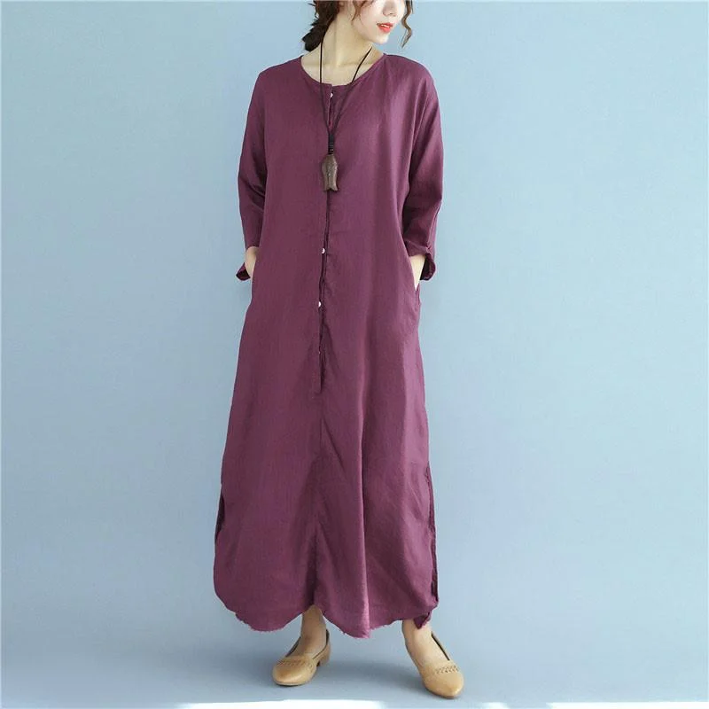 Flexible Long Sleeves Bridesmaid DressSimple linen dresses Fitted Loose Linen Long Sleeve Women Wine Red Dress