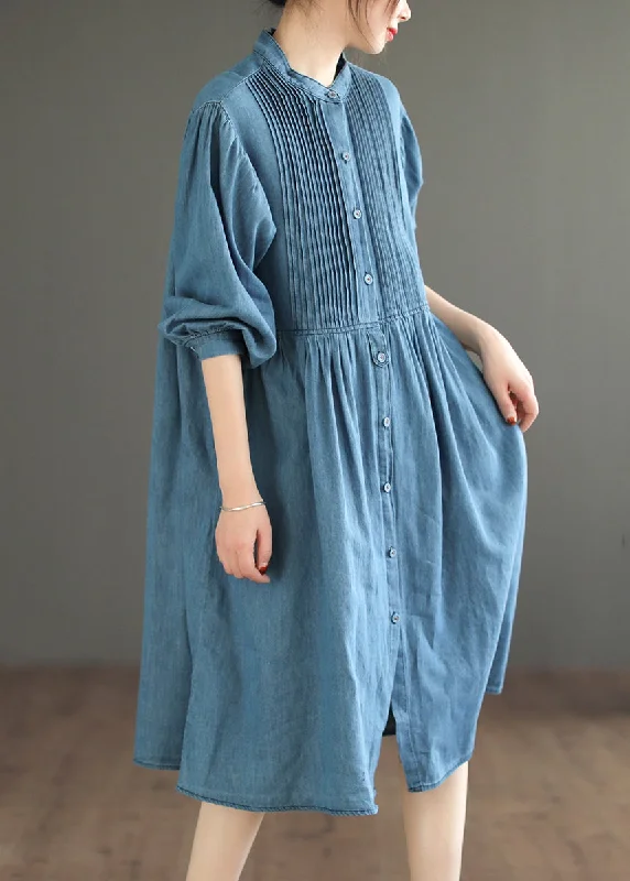 Flexible Cotton Long Sleeves DressLight Blue Wrinkled Patchwork Denim O-Neck Dress Long Sleeve