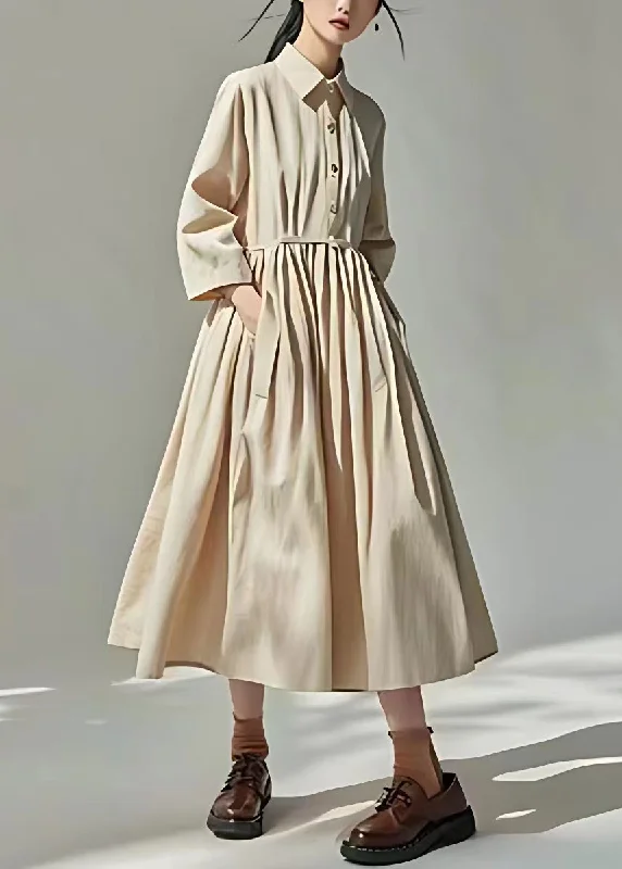 Fitted Long Sleeves High-Low DressLoose Beige Peter Pan Collar Pockets Wrinkled Cotton Dress Long Sleeve