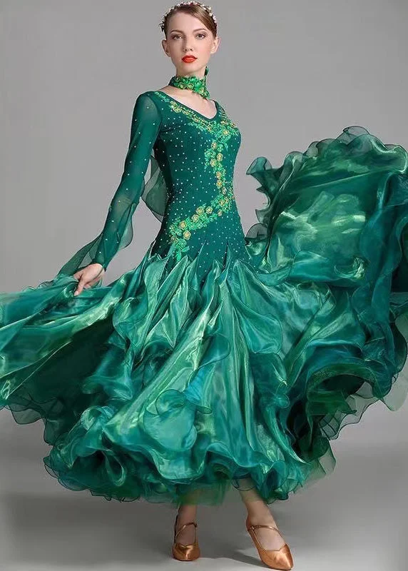 Formal Occasion Long Sleeves DressOriginal Blackish Green Embroideried Zircon Patchwork Tulle Dance Dress Long Sleeve