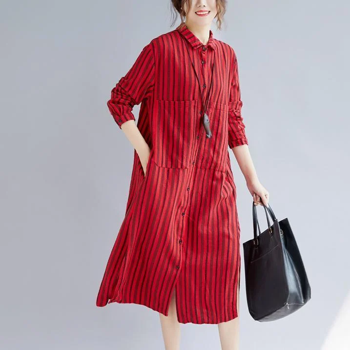 Flirty Floral Long Sleeves Dressfine red long cotton linen shirt dress plus size Turn-down Collar side open fine long sleeve pockets cotton linen shirt caftans